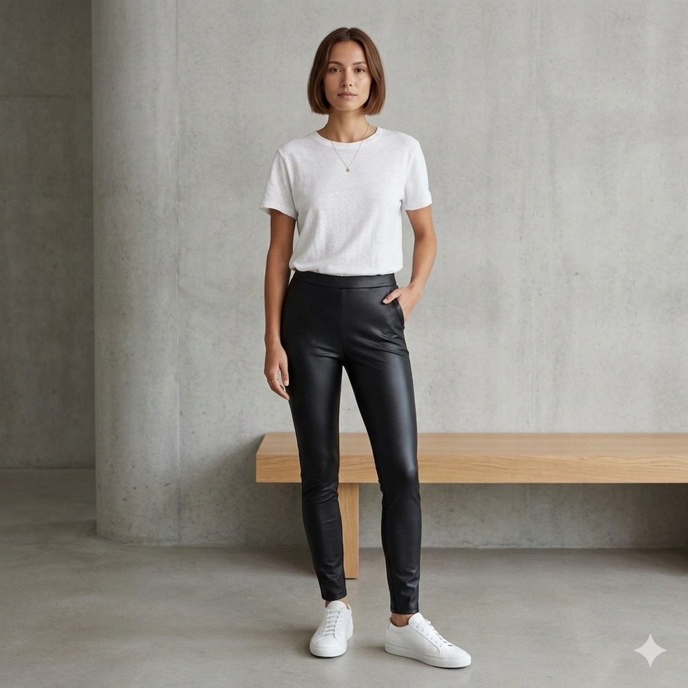 Clara Sunwoo Black Liquid Leggings Sheen Two Tone‎ Mixed Media Slim Pants Small
